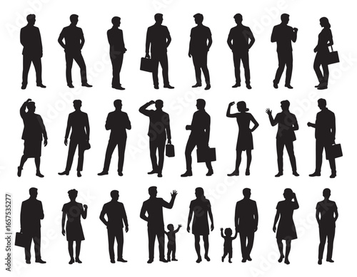 Diverse Silhouettes of Business People and Families in Various Poses Black Shapes on White Background