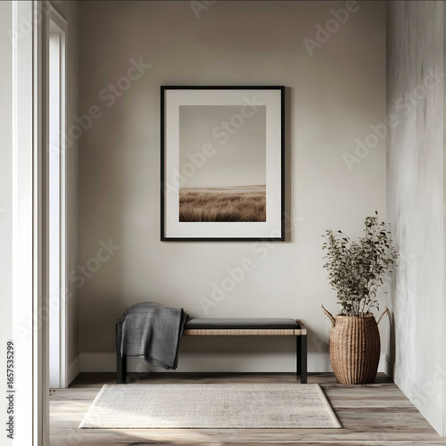 a photorealistic image of a frame hung on the wall The frame is thin and matte black The frame is in the entry way of a simple modern home