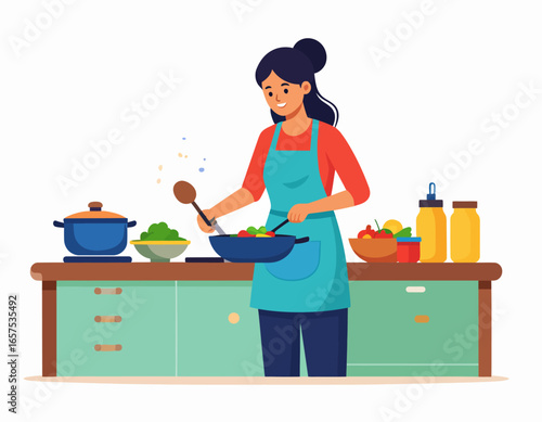 Woman Cooking Vegetables in a Kitchen.