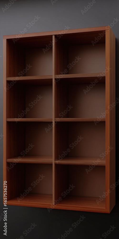 Fototapeta premium A wooden shelving unit with eight empty compartments against a dark, neutral-toned wall