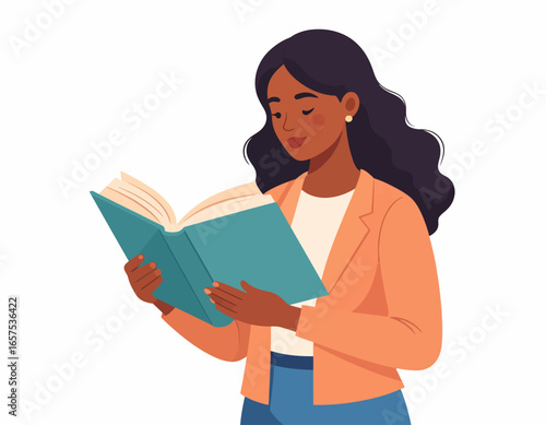 Woman Reading a Book in Profile View.