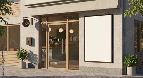 Modern Coffee Shop Exterior with Blank Signage Mockup