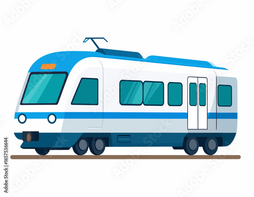 Modern Blue and White Commuter Train on Tracks.