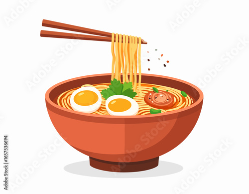 Delicious Ramen Noodle Soup with Chopsticks and Toppings.