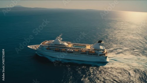 Ocean liner cruises the open ocean at sunset