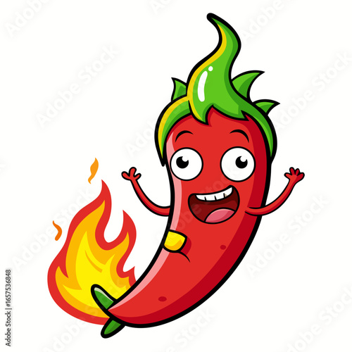 Excited red chili pepper character with flames, a fun cartoon illustration perfect for culinary branding, food blogs, and spicy recipes