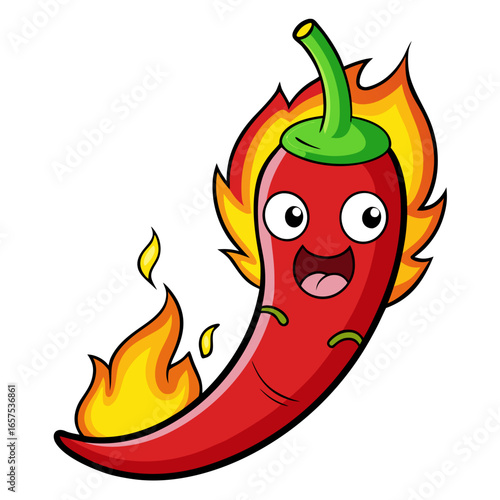 Happy cartoon chili pepper character with flames, a vibrant and playful design perfect for food packaging and spicy recipes