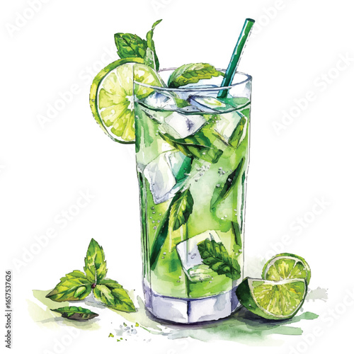 Watercolor Vector Illustration of Mojito Cocktail with Lime and Mint Leaves