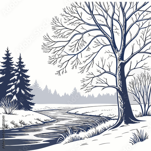 A serene winter landscape illustration featuring a large bare tree by a winding frozen river with snow covered banks and evergreen trees in the distance