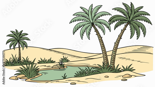 A vibrant cartoon illustration of a desert oasis with palm trees sand dunes and a small pool of water