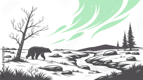 A solitary bear walks along a winding stream under a sky filled with the ethereal glow of the aurora borealis