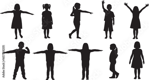 Collection of kids in silhouette, expressing joy and energy through playful poses perfect for educational projects or children's designs.
