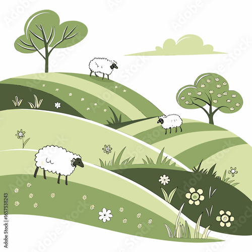 Charming illustration of three fluffy sheep grazing peacefully on rolling green hills dotted with wildflowers and trees under a cloudy sky