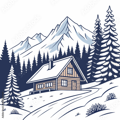 Cozy wooden cabin nestled in a snowy forest with majestic snow capped mountains in the background