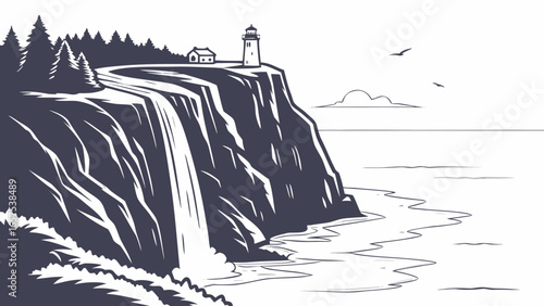 Dramatic coastal cliff with a cascading waterfall leading to the ocean and a lighthouse on the summit