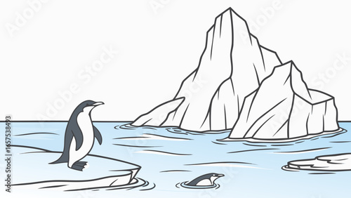 Cute cartoon illustration of penguins swimming and standing on icebergs in the cold ocean water