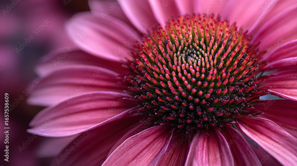 Fototapeta premium Stunning macro view of vibrant pink echinacea flower petals and intricate center detail