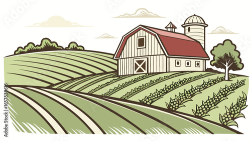 Idyllic rural landscape featuring a classic red barn and silo surrounded by rolling green fields and crops