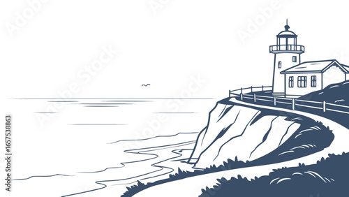 Scenic coastal view of a lighthouse and keeper s house perched atop a rugged cliff overlooking the ocean with a winding path