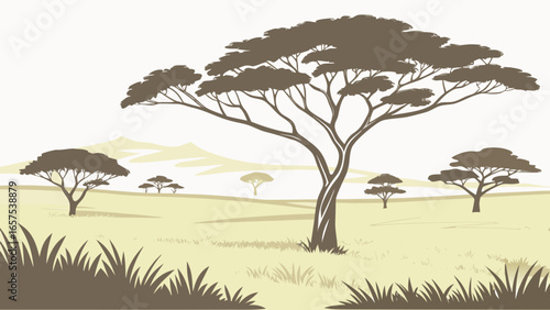 Serene african savanna landscape with iconic acacia trees under a pale sky and distant rolling hills