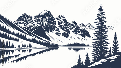 Serene mountain landscape with a calm lake reflecting snow capped peaks and evergreen trees