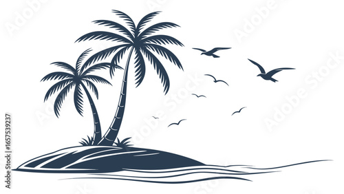 Silhouette of two palm trees on a small island with flying birds over the ocean waves