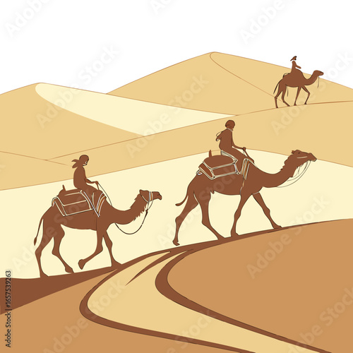 Silhouetted caravan of camels with riders traversing sandy desert dunes under a clear sky