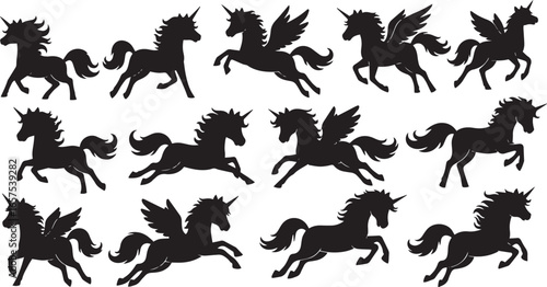 Pegasus Horse Silhouette Vectorset, Flying Mythical Animal Illustration