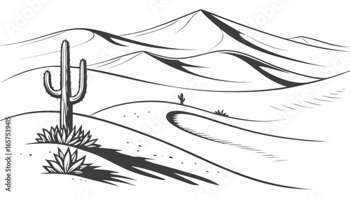 Stylized black and white illustration of a vast desert landscape with rolling dunes and iconic saguaro cacti under a clear sky