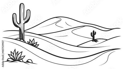 Stylized black and white line art illustration of a desert landscape with rolling hills and saguaro cacti