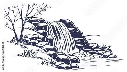Stylized illustration of a cascading waterfall flowing over rocks with a bare tree and grass on a white background