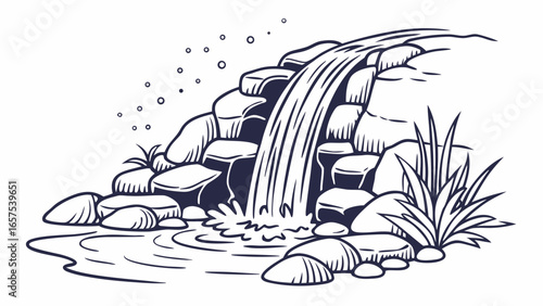 Stylized illustration of a cascading waterfall flowing over rocks into a pool with surrounding vegetation and bubbles