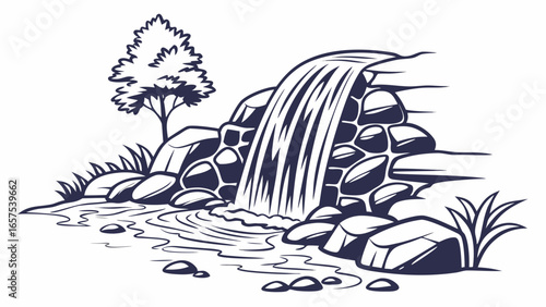 Stylized illustration of a cascading waterfall flowing over rocks with a single tree and grass on the bank