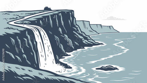 Stylized illustration of a dramatic waterfall cascading from a cliff edge onto a rocky coastline with a winding road above