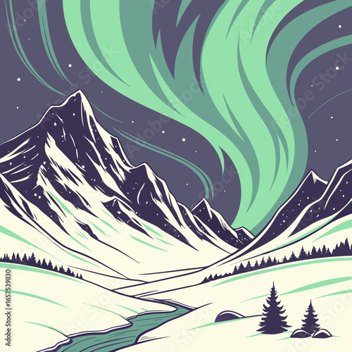 Stylized illustration of a majestic snow covered mountain range under a vibrant green aurora borealis sky
