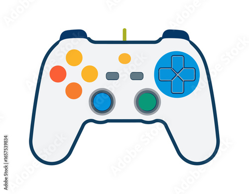 White Video Game Controller with Colored Buttons and Joystick.