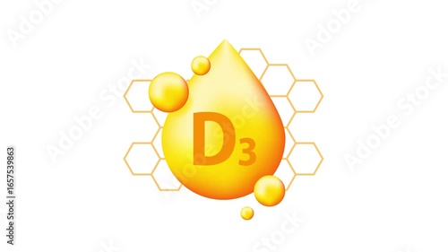 Vitamin D3 Drop with Honeycomb Pattern on White and Green Screen Background