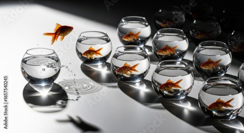 Goldfish leaping from one bowl to another in a dramatic escape attempt