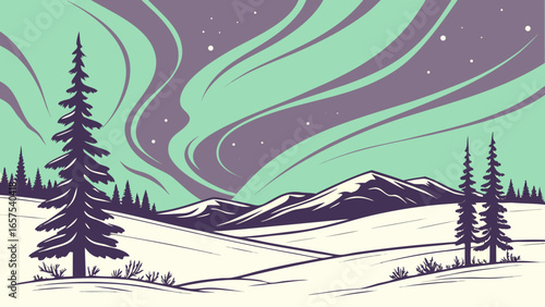 Stylized illustration of a serene winter landscape with snow covered hills and majestic mountains under a vibrant aurora borealis sky