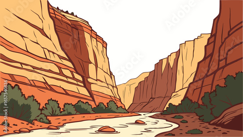 Stylized illustration of a winding river flowing through a vast canyon with towering sandstone cliffs and green vegetation
