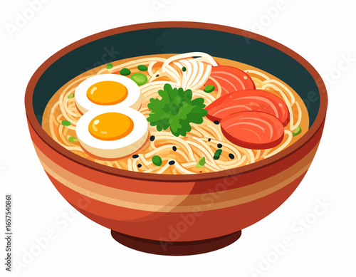 Delicious Japanese Ramen Bowl with Egg and Salmon.