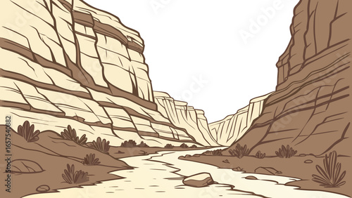 Stylized illustration of a winding river flowing through a vast desert canyon with layered rock formations and sparse vegetation