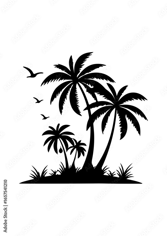 Fototapeta premium Silhouette of Tropical Island with Palm Trees and Birds