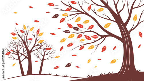 Stylized illustration of autumn trees with falling leaves in red yellow and brown against a white background