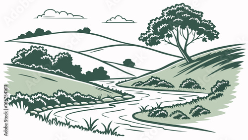 Stylized illustration of rolling green hills with a winding river and a solitary tree under a cloudy sky