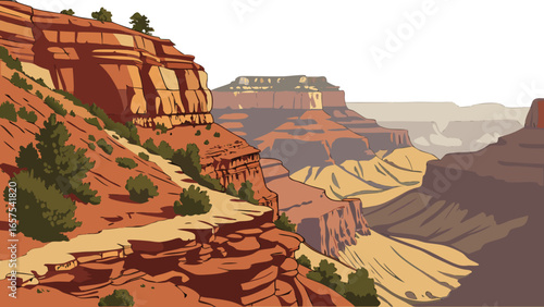 Stylized illustration of the grand canyon with layered rock formations and sparse vegetation under a bright sky