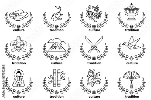 set of illustrations in the concept of Japanese culture in a line style