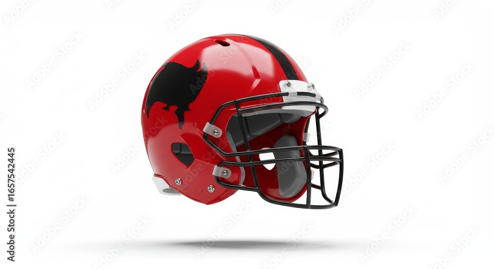 Fototapeta premium Floating Football Helmet with Red Glossy Finish Isolated on White Background