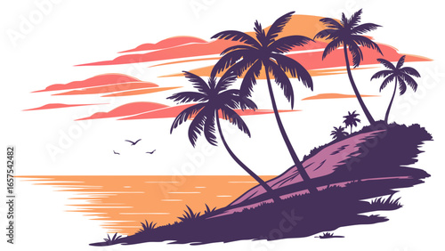 Stylized silhouette of tropical palm trees on a hillside overlooking the ocean at sunset