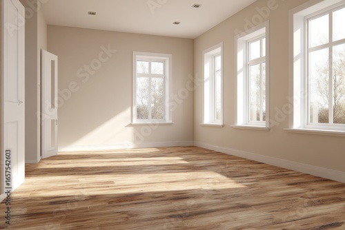 Wallpaper Mural A sunlit, empty room with light beige walls, white trim, and a wooden floor showcases a bright and airy interior. Torontodigital.ca